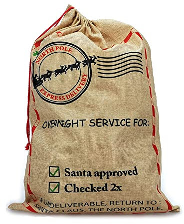 Sacco di Juta Natalizio h. 70 cm - Sacco Doni Regali di Natale extra large grandi dimensioni con Stampa di Babbo Natale, Pupazzo di Neve o Renna stile vintage scritte in inglese Tela resistente