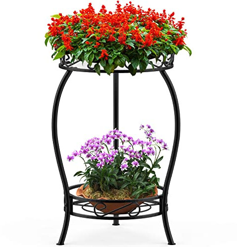 Bomclap Pflanzenständer aus Metall, 48cm Blumenständer Pflanzenständer, 2-stufige Blumentopf Ständer Blumentopfhalter für Drinnen & Draußen, Schwarz