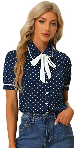 Allegra K Haut de Chemise à Manches Courtes et col Claudine à Pois pour Femme Bleu Foncé L