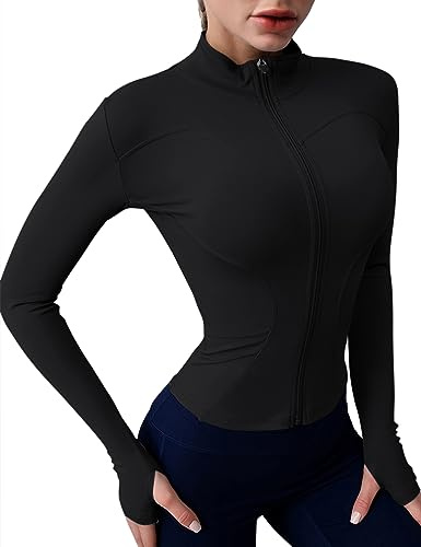 Rapbin Veste de course à manches longues pour femme - Haut de gym - Yoga - Fitness - Respirant - Fermeture éclair - Veste de survêtement légère avec trou pour les pouces
