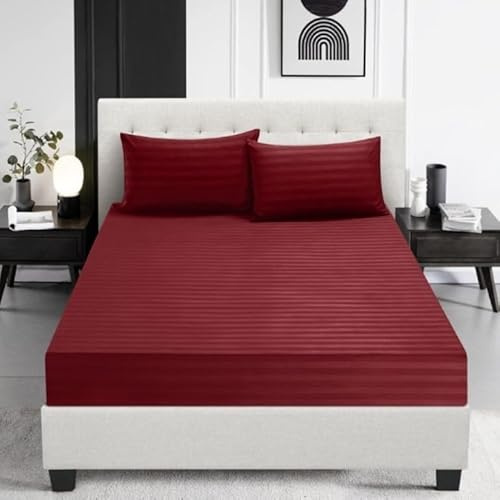 Prime Linens Satin Stripe Fitted Sheet Bed Sheet Brushed Microfiber 30 Cm Deep Fitted Sheet Elastic Edges Breathable Soft Machine Washable Fade Resistant (Burgundy, King)