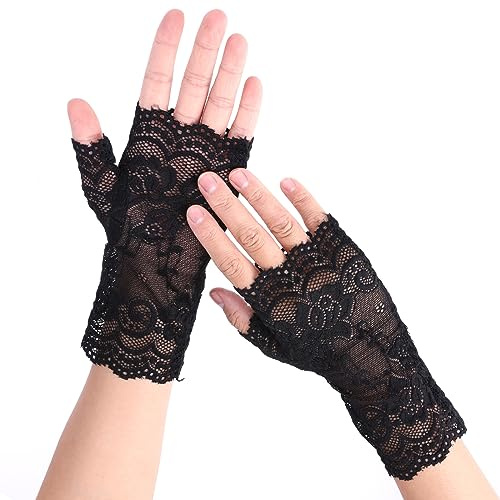 WLLHYF Gants Courts en Dentelle, Élégants des Années 1920 pour Thé et Mariage, Accessoires de Costume Floraux, Noir, Taille Unique