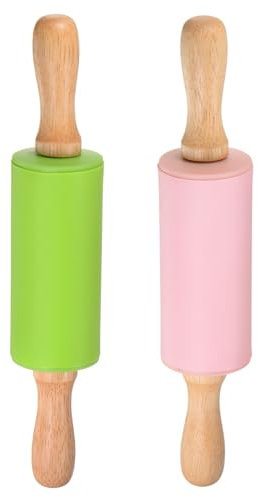 sourcing map Mattarello in silicone per cottura da 22,9 cm, con manico in legno, antiaderente, mattarello piccolo rullo per impasto, pizza, pasticceria, fondente, cucina, verde e rosa