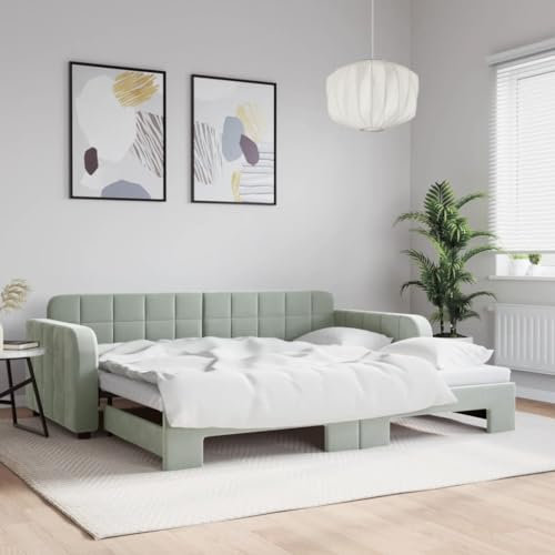 Homgoday Tagesbett Ausziehbar Ausziehbett Schlafsofa Bettsofa Sofabett Sofa Bett Ausziehsofa Schlafcouch Bettcouch Funktionsbett Schlafbett Bettgestell Doppelbett Hellgrau 90x200 cm Samt