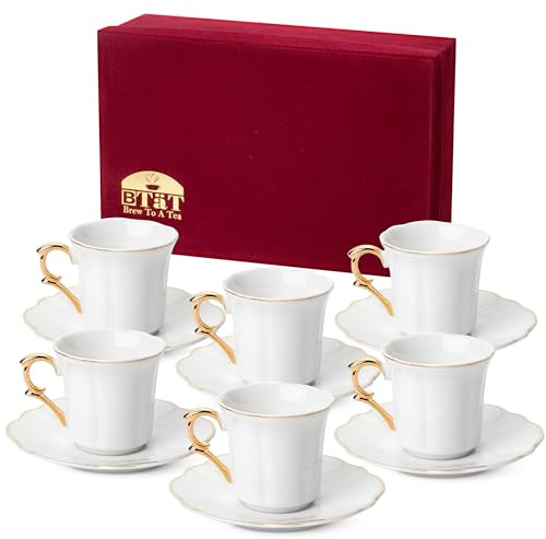 BTaT- Espressotassen und Untertassen, 6er-Set, mit Geschenkbox, 85 ml, Demitasse-Tassen mit Goldrand, Porzellan, Weihnachtsgeschenke