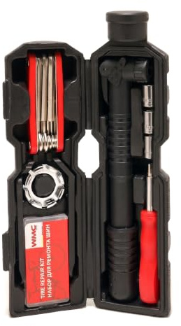 WMC_tools_variation_parent | Werkzeugset für Radfahrer und Pendler, Multitool, Flickset und 2 Reifenheber aus verzinktem Stahl, sitzt im Flaschenhalter