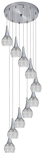 qudkdhs Modern 10-Light Spiral Chandeliers Polished Chrome Pendant Lights Art Glass Shade Dome Long Chandelier Lighting for Foyer Entryway Stairwell Ceiling Fixture