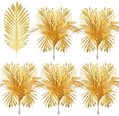 Giegxin 30 Pcs Artificial Palm Leaves Large Faux Plants Fall Harvest Decorations Plastic Palm Fronds Fake Tropical Tree Leaves for Wedding Jungle Safari Party Decorations(8 x 20.5 Inch,Gold)