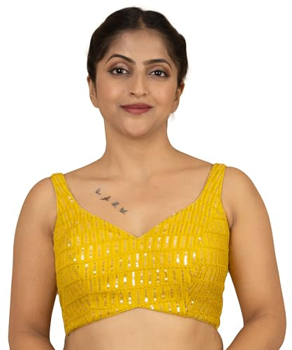 FIGURE'S DESIGNER Women's Sequin Embroidered Sweetheart Neck Net Sleeveless Readymade Saree Blouse Indian Ethnic Designer Stitched Handmade Top Padded E7 (34, Yellow)