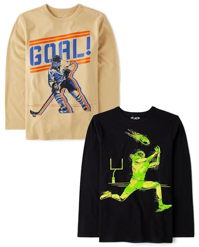 The Children's Place,Boys,Sports Long Sleeve Graphic T-Shirts,Multipacks,Hockey Goal/Football Neon 2-Pack,X-Small