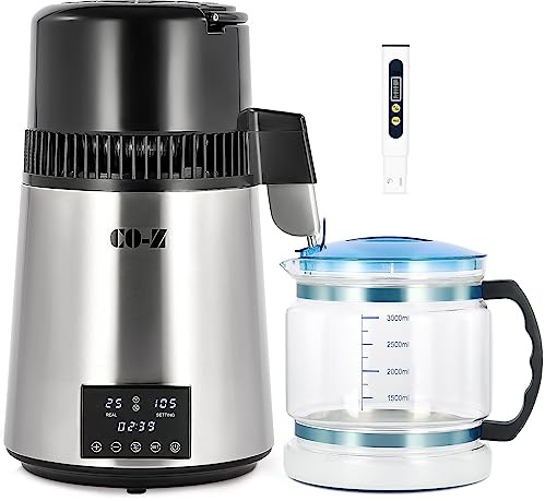 CO-Z Water Distiller, 1750W Countertop Distilled Water Machine with Glass Container Dual Temperature Display Timer, 1.1 Gallon 304 Stainless Steel Distilled Water Maker 4L for Home Office Travel