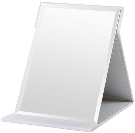 OSDUE Espejo Plegable, Espejo de Maquillaje Plegable, Espejo de Maquillaje de Ultra Alta Definición, Espejo de Viaje portátil de Cuero PU, Soporte Ajustable, Blanco Tamaño Mediano