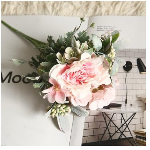 WANGHAI-666 Künstliche Blumen Simulation Blumen Kamelie Pfingstrose Rosen Hochzeit Blumen DIY Blumenstrauß Rosa Begonie Hausgarten Party Dekoration Kunstblume Blumen Deko(Pink)