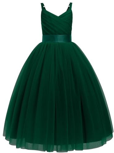 IDOPIP La Niña de las Flores Princesa Vestido Largo Plisado Boda Dama de honor Vestido De Fiesta Bordado Flor Encaje Elegante Cuello en V