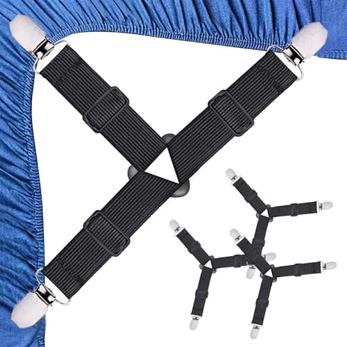 Qufiiry 4 Stück Erstellbare Bettbefestigungen, Lakenspanner mit Metallclips, Schwarz Bettlakenspanner, Dreieckige Bettlaken Spanner für Bettlaken für Bettlaken, Matratze, Sofa, Bügelbrett