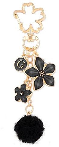 XGALBLA Niedlicher Buchstaben-Blumen-Schlüsselanhänger für Frauen, Kawaii-Blume und Pompon, flauschig, Y2K, Schlüsselanhänger, Taschenanhänger für Handtaschen, Schwarz-g