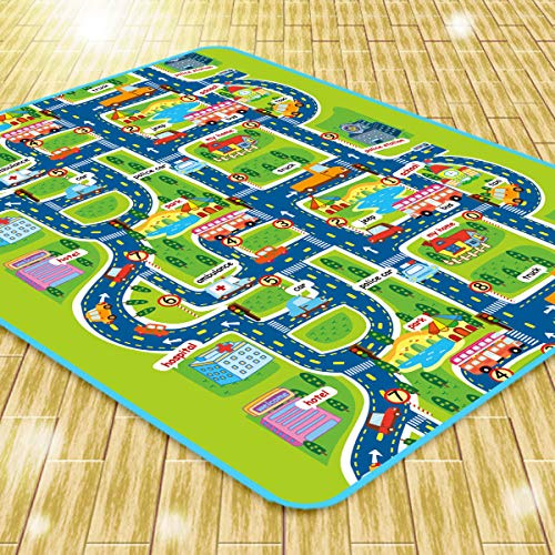 OHMG Tapis de Voiture pour Enfants, Tapis de Jeu pour Enfants, 160×130 cm, Vert, Urbain, Rectangulaire, Doux et Antidérapant
