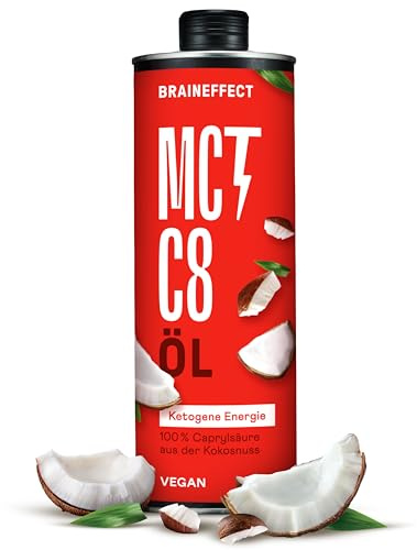 BRAINEFFECT MCT-Öl C8 – Reiner Extrakt aus Kokosöl | Bildet 3x mehr Ketone als andere MCT-Öle, Ideal für Low-Carb-, Paleo- und ketogene Ernährung & Bulletproof Coffee – 1 Liter