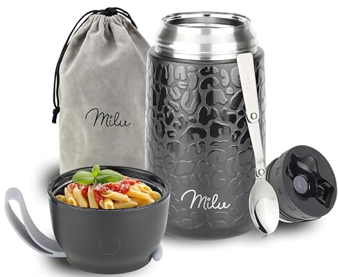 Milu Boîtes Alimentaires Isothermes 800 ml Boîte Isotherme Repas Chaud Porte-Aliments en Acier Inoxydable à Double Couche, Cuillère Pliante pour Ecole, Bureau (800ml/Black Leopard)