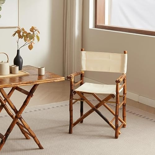 Thinkstar Vintage Bamboo Rattan Canvas Director's Folding Chair - Portable Armchair for Dining, Indoor, Outdoor, Camping, and Wedding (1)