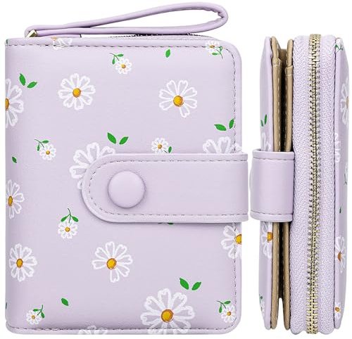 Farcauo Geldbörse Damen Lila Blumen Design Geldbörsen Frauen Klein mit Ausweisfach und Kartenhüllen Portmonee Frauen