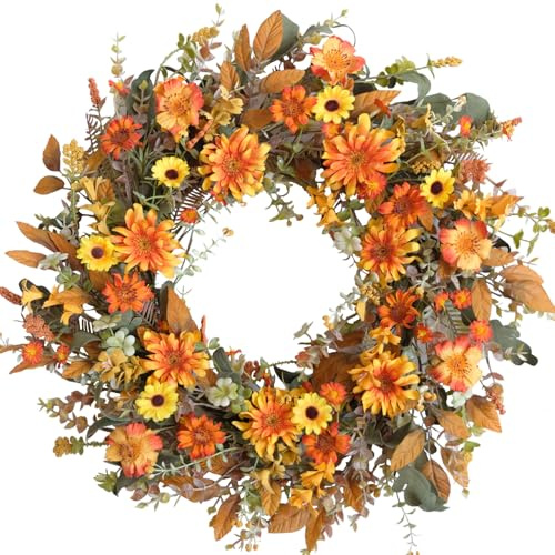 CIR OASES 22-inch Fall wreath Artificial Orange Chrysanthemum Yellow Daisy Green Leaf Wreath Front Door Farmhouse Window Fireplace Decoration Thanksgiving Harvest Festival Party Wedding Office Decor