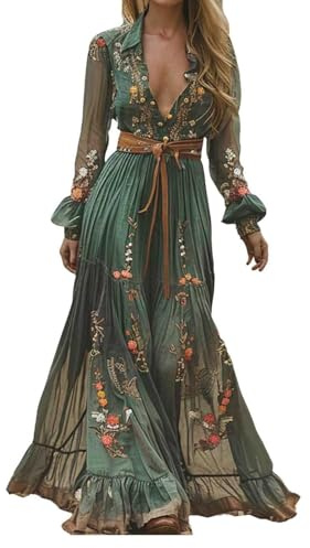tinetill Vestido Largo Mujer Verano Boho Elegante Maxi Cuello V Estampado Floral Vestido de Playa Fiesta