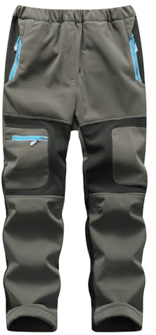 BWBIKE Barn Tonåringar Vindtäta vattentäta snöbyxor Unga Utomhus Fleece Lind Vandring Softshell Varma Isolerade Byxor med 4 Fickor med Dragkedja, Armégrön, 122-128