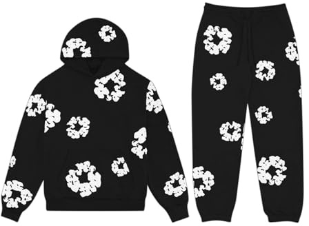 Herr-/damträningsoverall i denim med tårar, original denimhuvtröja och byxor, herr- och damträningsoverall i denim med tårar och blommönster(Svart,S)