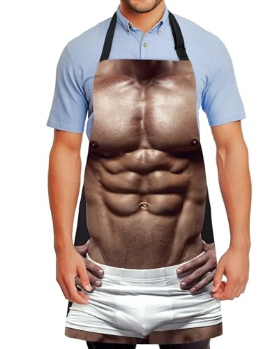 Lustige Kreative Kochschürze mit 3D Muskelmann Verstellbare Sexy Küchenschürze Wasserdicht Lätzchen Chef Schürzen für Garten BBQ Grillparty Weihnachten, Geschenk für Männer Papa Freund, Muskelmann