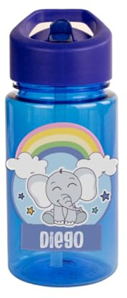 DEREGALOOS Botella Infantil Personalizada. Bidón Escolar con Nombre y Asa. Diseño Animalitos con Arcoíris. Botella para Niños en Colores Vivos y Diseños Infantiles (Azul - Elefante)