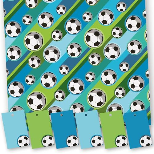 Geschenkpapier Fußball 5 XL Bögen (50 x 70 cm) Geschenkpapier mit passenden Etiketten, Rückseite zuschneidbar, hergestellt in Großbritannien