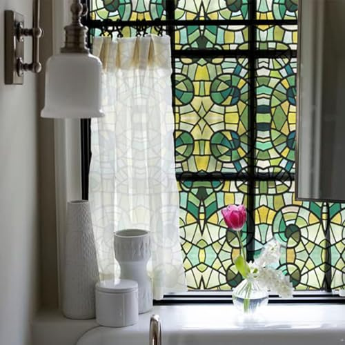 Neukids 30X300cm Bunt Statische Fensteraufkleber,Doppelseitige Grüne Mosaik | Selbstklebende Fensterfolie Buntglas,Statisch Haftend Sichtschutzfolie,Schlafzimmer Wohnzimmer Kinderzimmer Dekorfolie