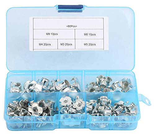 KIMISS Inserts Filetés pour Bois - 80 Pièces d'écrous en T en Acier au Carbone à Quatre Dents M3/4/5/6/8 Kits d'écrous en T pour Meubles de Travail du Bois - Assortiment de Vis à Métal