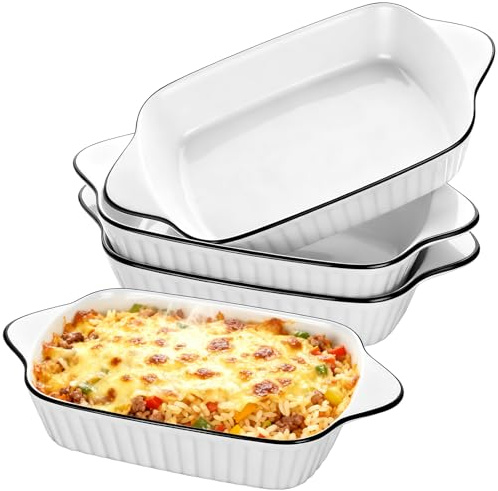4 Pack Lasagna Baking Dish Set, Ceramic Rectangular Dishes with Heat-Resistant Handles,Oven Safe& Microwave Safe (Ribbed)