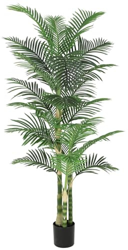 Nafresh 7ft Ultra-Full UV Resistant Fake Golden Cane Palm Tree with Triple Trunks, 84in Tall Artificial Palm Tree Indoor Outdoor, Faux Palm Plant for Living Room Home Office Patio Garden Decor