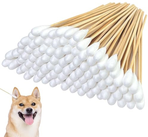 VAEIORP 100 Piezas Bastoncillos para Limpiar Oídos de Mascotas, Limpiador de Orejas para Perros y Gatos con Punta Ancha, Bastoncillos de Algodón Suaves y Largos (12 cm)