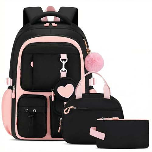 Amythe skolväska flicka set 4 delar 3. - 7. Klass för skola resor, Svartrosa, 30 x 17 x 45 cm, Ryggsäck Ryggsäckar