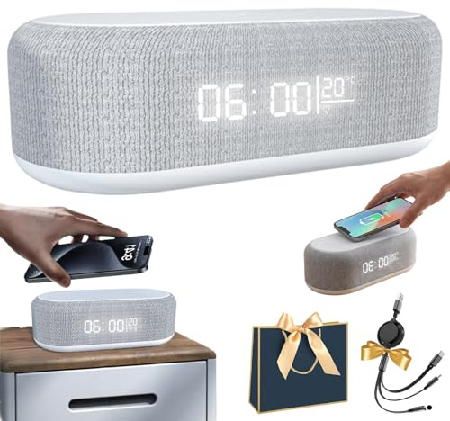 6-i-1 trådlös laddningsstation 25 W, digital väckarklocka med laddningsstation, trådlös laddare väckarklocka, radio med ljus och temperaturdisplay, klocka, väckarklocka, Bluetooth-högtalare och