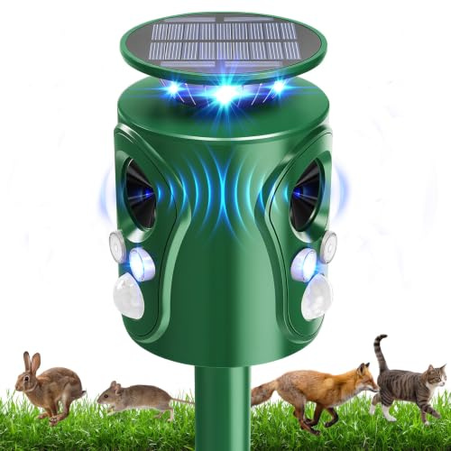 Repellente per gatti da giardino UK, spaventapasseri a energia solare a 360° con sensore PIR e flash 5 modalità di regolazione, impermeabile IP66, 12 m, deterrente per gatti, cani, uccelli, volpi