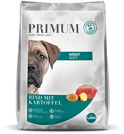 PRIMUM – Soft Adult | Halbfeuchtes Hundefutter mit 70% frischem Fleisch für ausgewachsene Hunde. Getreidefreies Alleinfutter ohne Zusatzstoffe im Beutel | 1,5kg Rind mit Kartoffel