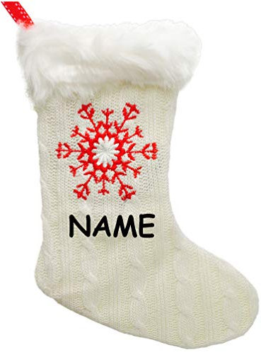 alles-meine.de GmbH 1 Stück Weihnachtssocke & Filzstrumpf - 3-D Effekt - Schneeflocke - Strick - weiß - incl. Name - 20 cm - Nikolausstiefel - Nikolausstrumpf/Weihnachtss..