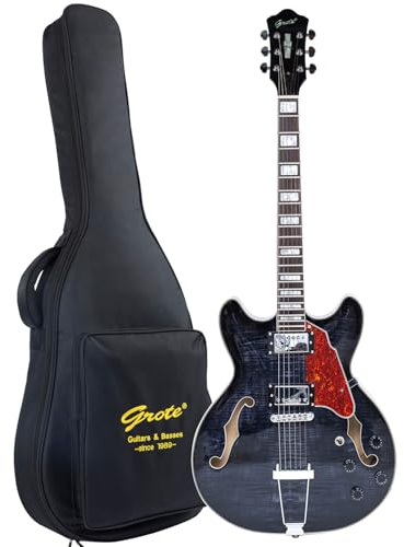 GROTE Jazz Electric Guitar Semi-Hollow Body Trapeze Tailpiece Bridge Guitar Gig Bag (Black)