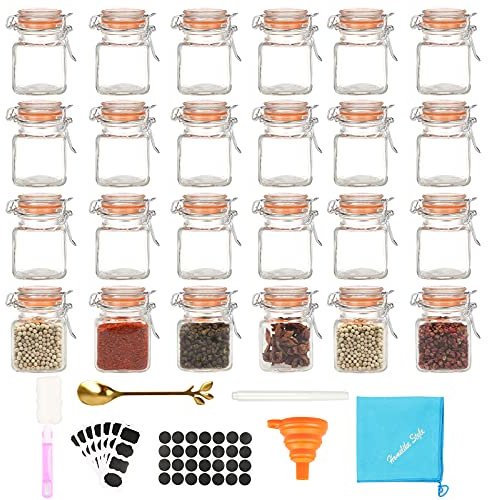 Homelike Style 3.4 oz Small Glass Spice Jars with Lables, 24 Pack Empty Mini Square Spice Bottles with Airtight Flip Top Lids, Chalkboard Labels and Collapsible Funnel for Home and Kitchen