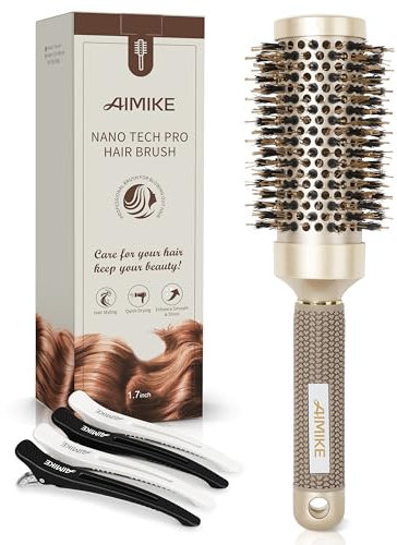 AIMIKE Round Hair Brush, Nano Thermal Ceramic & Ionic Tech Round Brush, RoundBrushes for Blow Drying with Boar Bristles, Barrel Brush for Styling, Curling,Add Volume & Shine (74mm,Barrel 43mm)