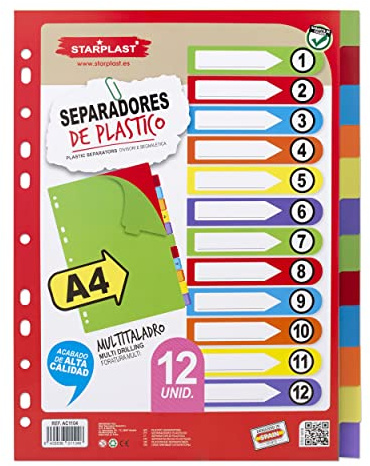 Starplast Pack 12 Separadores Flúor - Para Carpeta o Archivador 2-4 Anillas, Organizadores, Polipropileno, Índice, Multitaladro, Clasificador, uso Escolar o de Oficina.