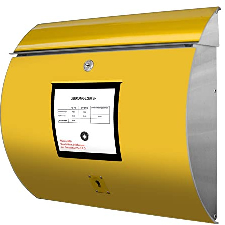 banjado® Burgwächter® Briefkasten Edelstahl mit Motiv Post Gelb/Briefkasten ohne Zeitungsfach/Edelstahl Briefkasten mit Kippdach & Öffnungsstopp, 2 Schlüssel