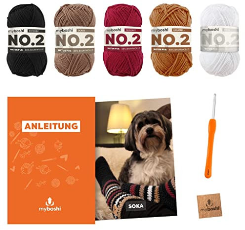 myboshi Häkelset Socken Soka, inkl. No.2 Wolle, Nadel und Anleitung, original Label, DIY-Häkelpaket, 85% Baumwolle, 15% Kapok Rot mit Häkelnadel