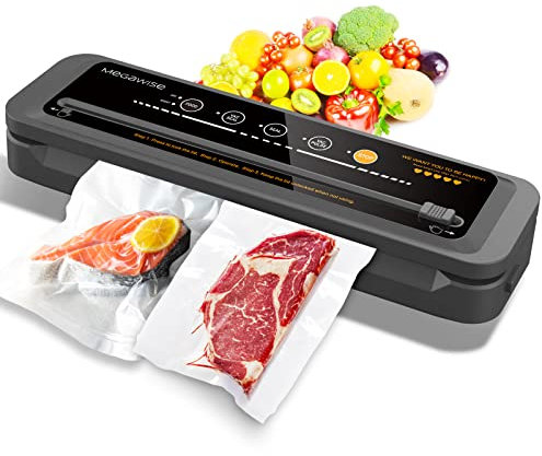 Sigillatrice sottovuoto MegaWise – Modello 2025, aspirazione 80 kPa, sigillatura One-Touch, taglierina integrata, design compatto, sacchetti inclusi (nero)