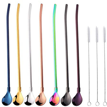 7 PCS Stainless Steel Spoon Straws Drinking Spoon for Frozen Drink, Milkshake, Smoothies, Ice Cream Sundaes with 3 Cleaner